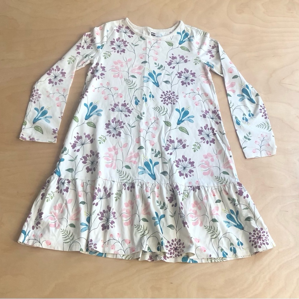 Tea Collection Ruffle Long Sleeve Dress Cream Floral Print Girls Size 10.